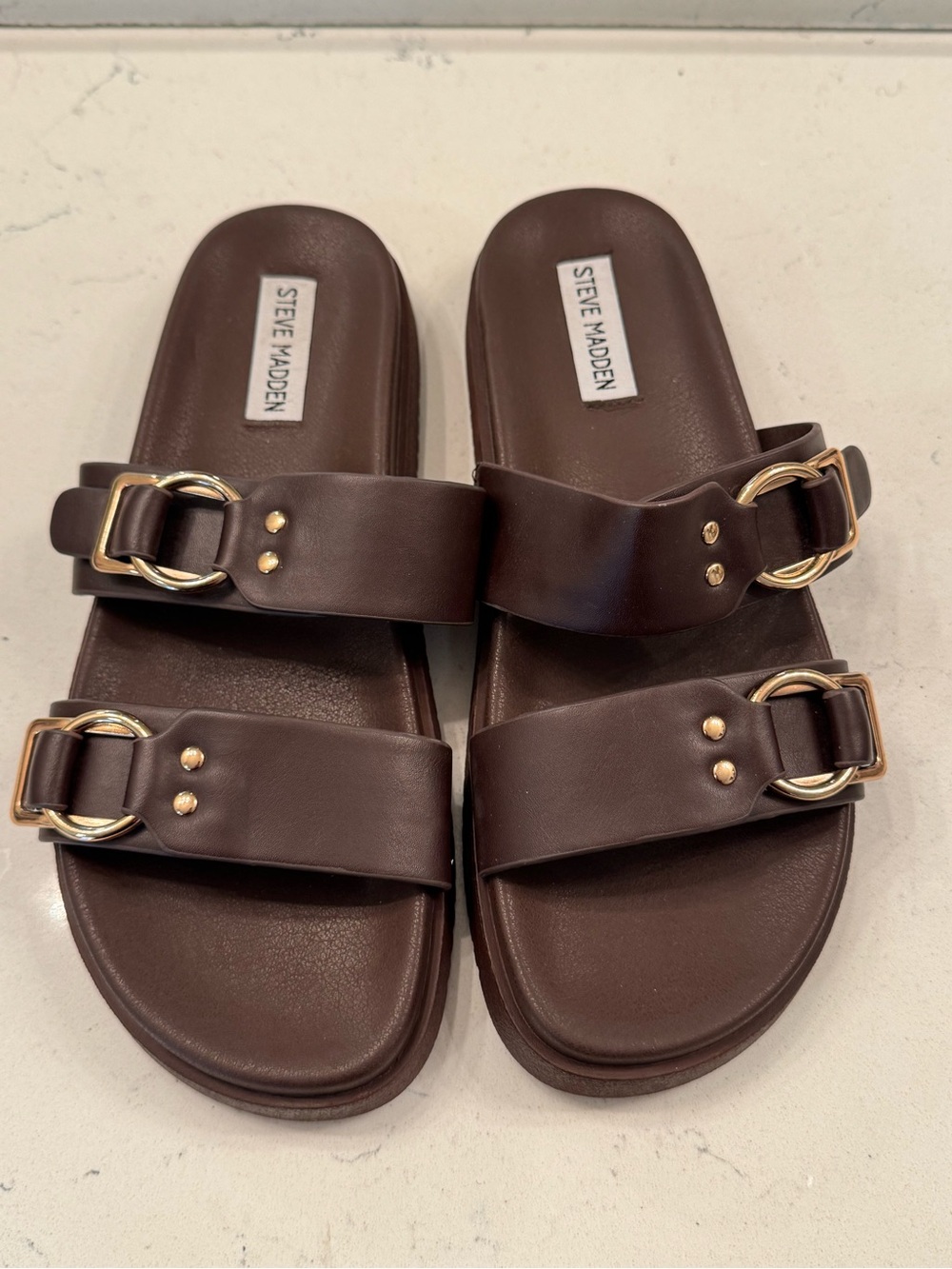 Steve Madden Chocolate Brown Double-Strap Slide Sandals with Gold Buckles